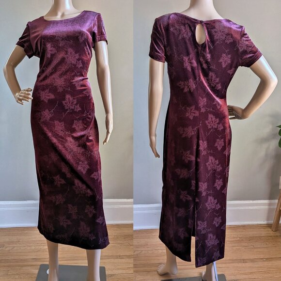 Vintage 90s Lisa Jo Velvet Maxi Dress Glitter Floral Burgundy Whimsigoth Size 5 - Picture 1 of 11